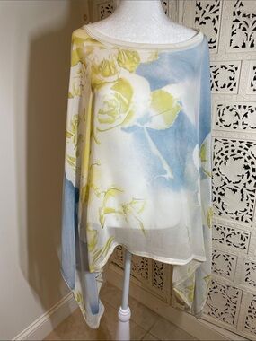 GENTERY PORTOFINO Sheer Light Blue & Yellow Floral Chiffon Women's Tunic Top